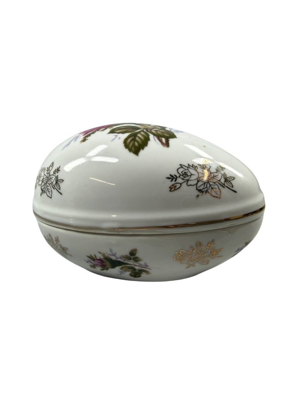 Lefton Vintage Oval Egg Shape Porcelain Trinket Box Floral Design & Gold Accents